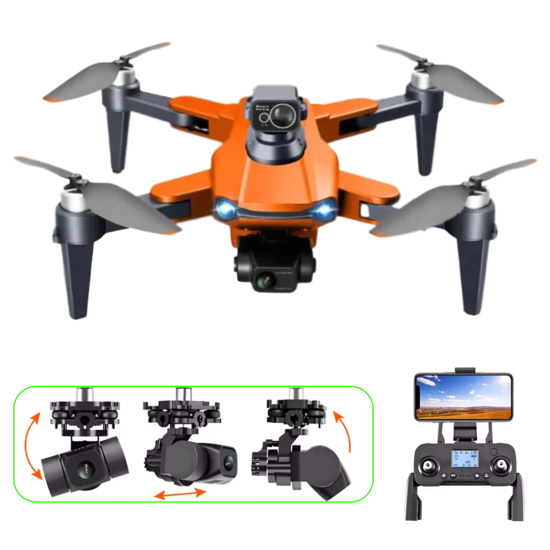 Orange drone with camera and propellers on a white background
