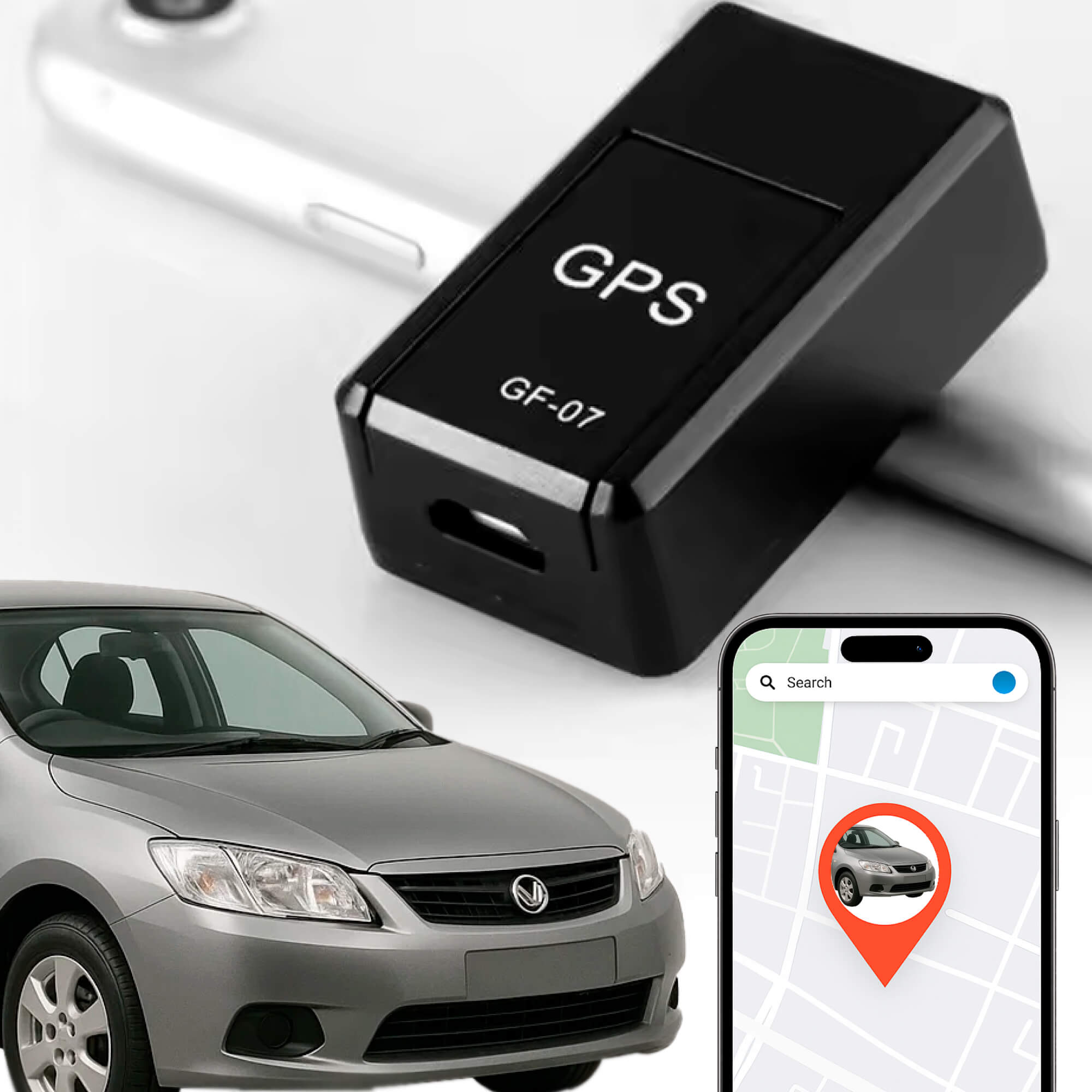GPS tracker with car and smartphone displaying location app on a white background