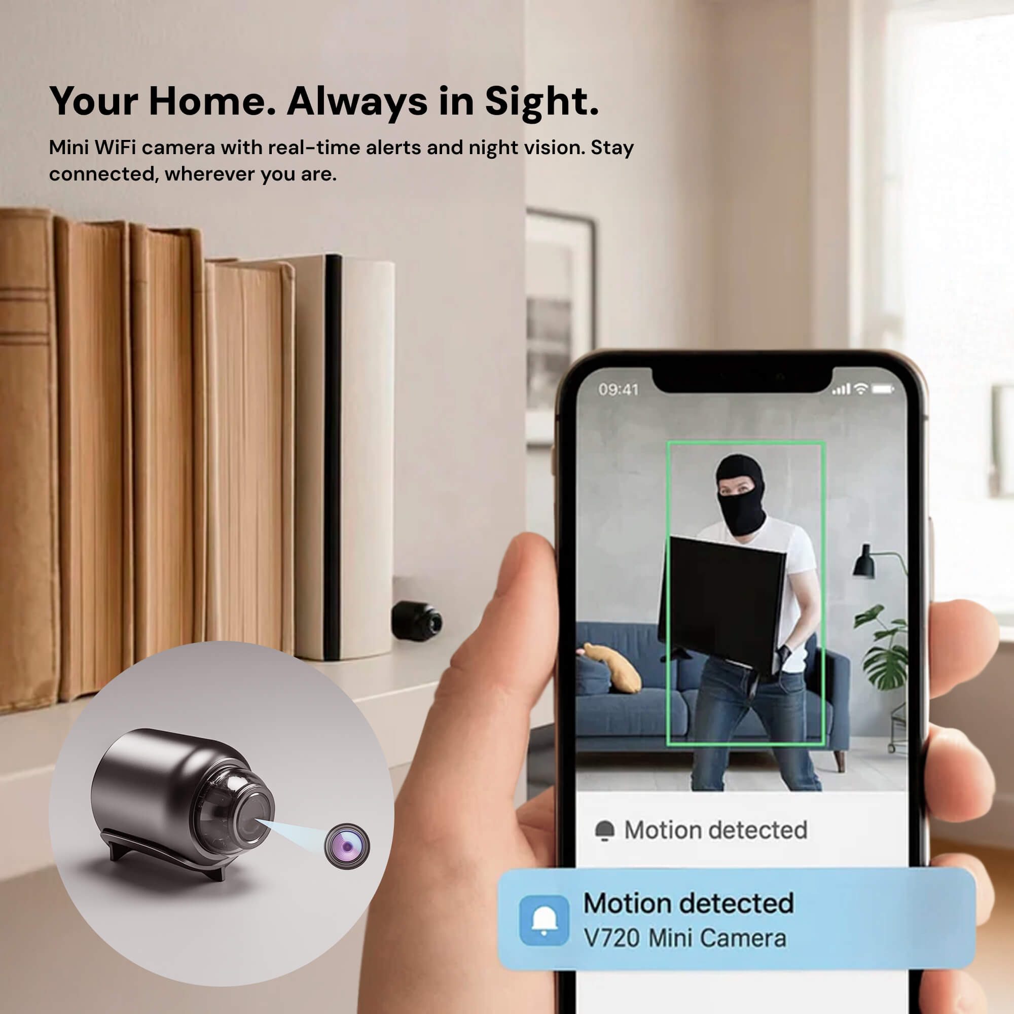 Mini WiFi camera with smartphone app showing live feed and motion detection alert in a home setting.