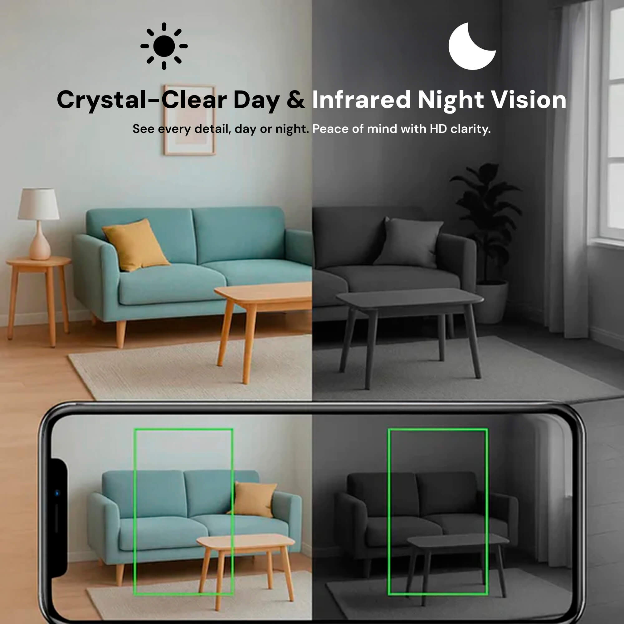 Comparison of crystal-clear day and infrared night vision in a living room setting.