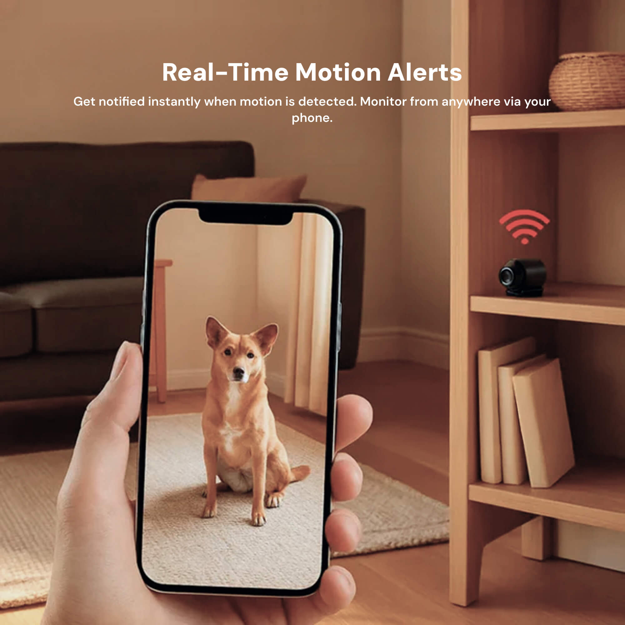 Person holding a smartphone showing a dog on a screen with a shelf and sofa in the background, emphasizing real-time motion alerts.
