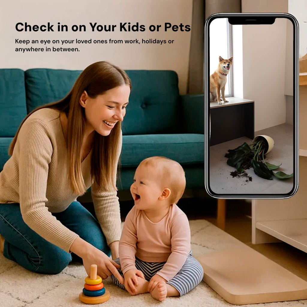 Woman and child playing on the floor with a phone showing a dog on a windowsill.