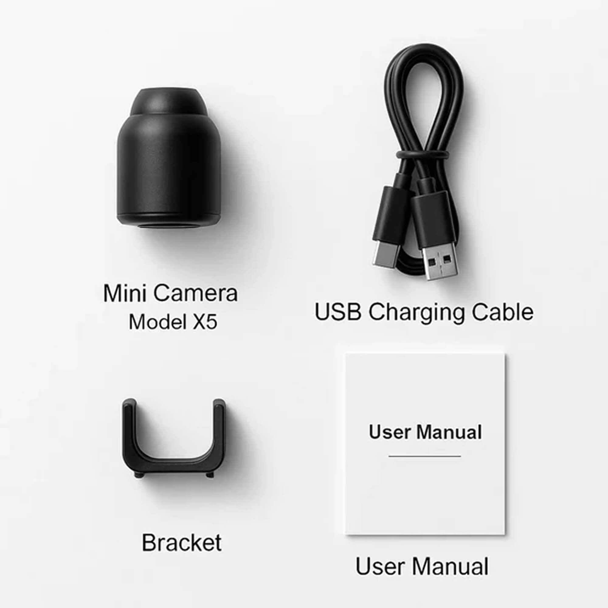 Mini camera with USB charging cable, bracket, and user manuals on a white background