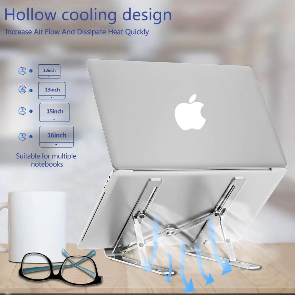 Laptop on a stand with cooling design features and Apple logo visible