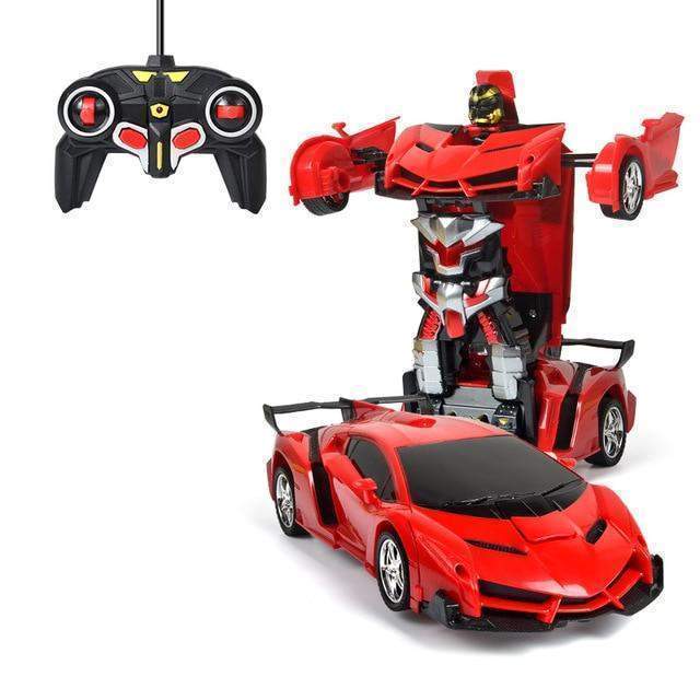 Red toy car transforming into a robot with a remote control on a white background