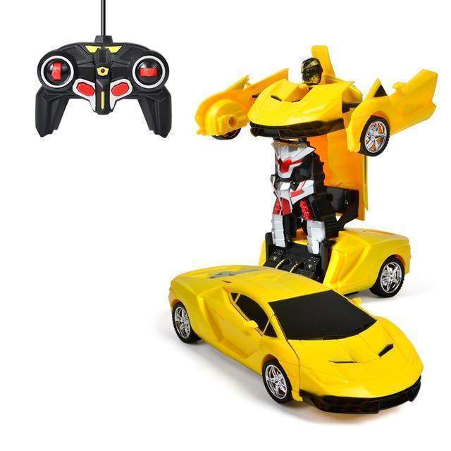 Toy car transforming into a robot with a remote control on a white background