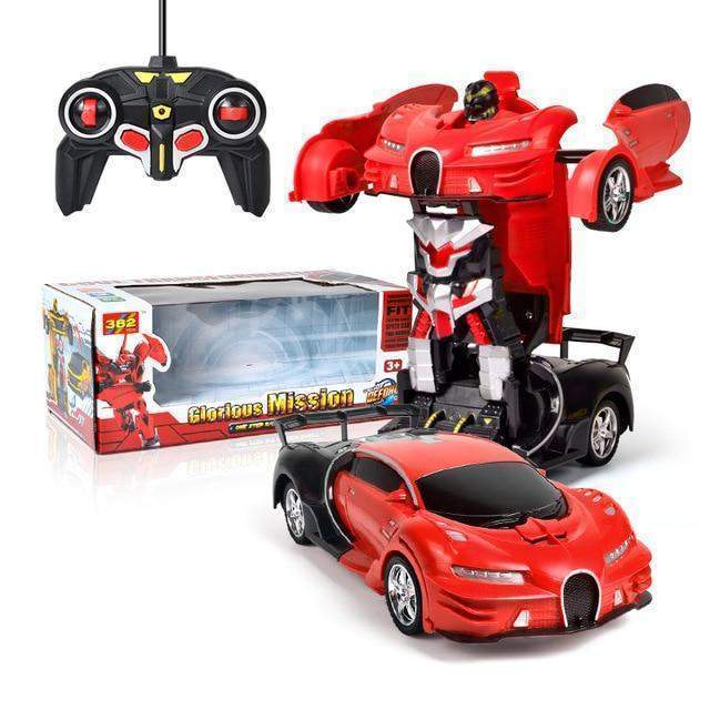 Transforming toy car with remote control and packaging on a white background