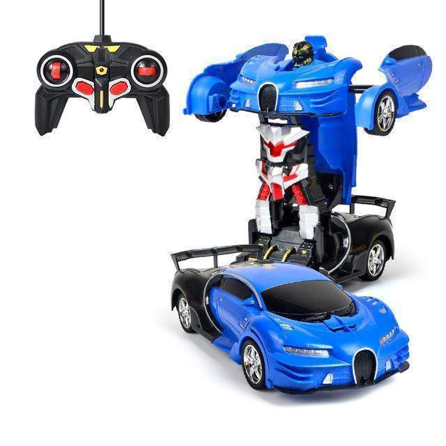 Toy robot transforming from a blue car with a remote control on a white background