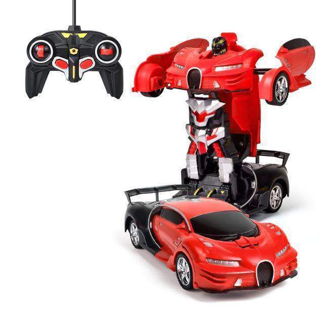 Transforming toy car with remote control on a white background