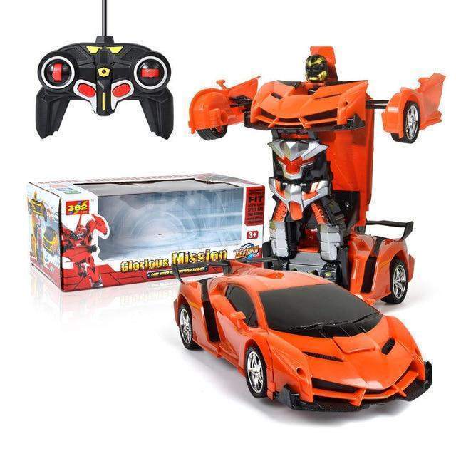 Toy robot transforming from car to robot with remote control and packaging on a white background