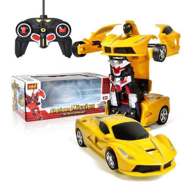 Toy robot transforming into a yellow car with remote control and packaging on a white background