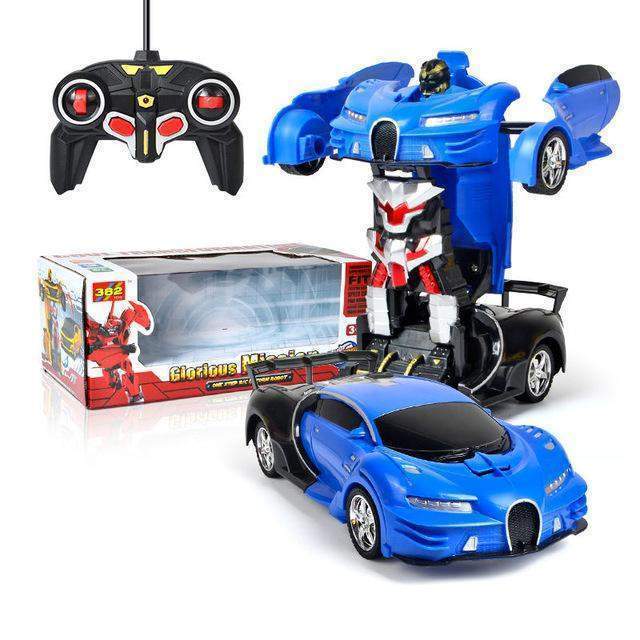 Toy car with transforming robot and remote control, displayed with packaging.