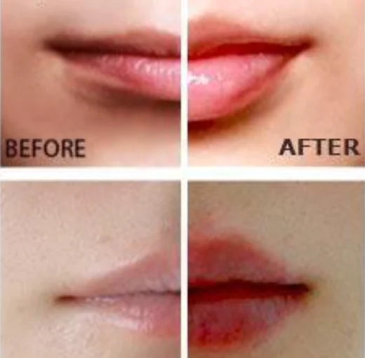 Before and after comparison of lips with a clear base coat and red lipstick.