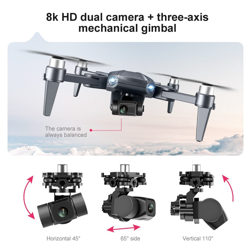 Drone with 8k HD dual camera and three-axis mechanical gimbal, set against a scenic background.