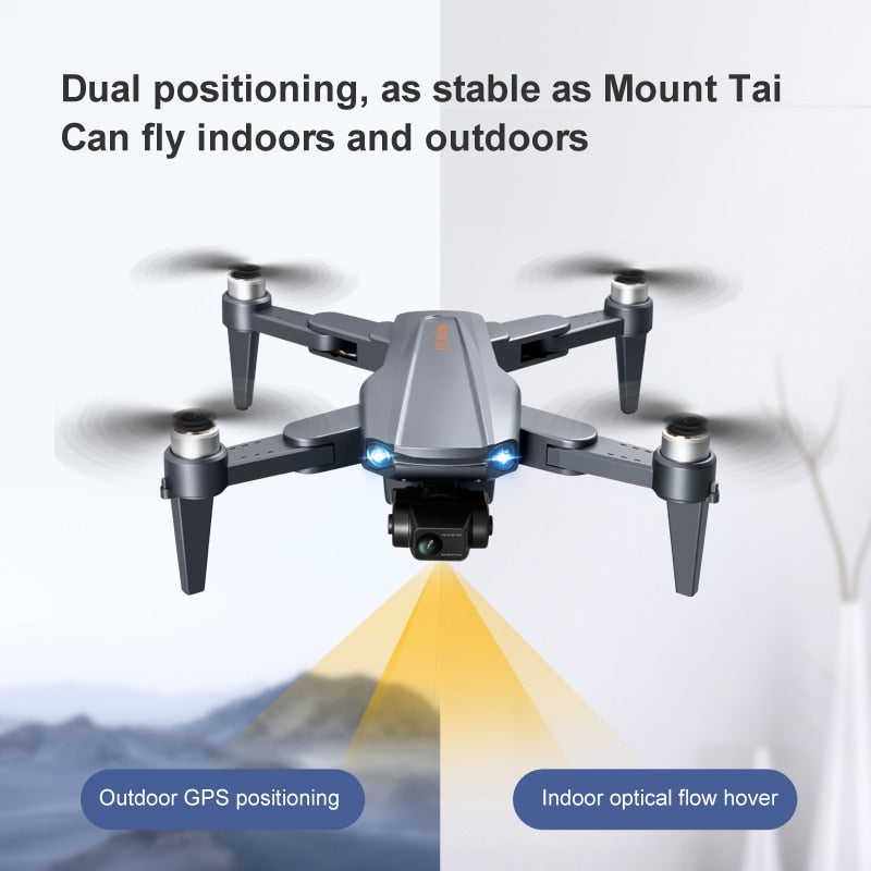 Drone with text about dual positioning capabilities indoors and outdoors