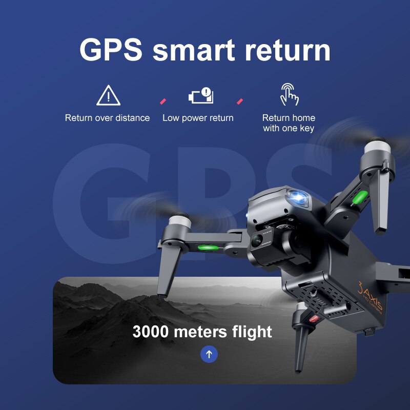 Drone with GPS smart return features on a blue background