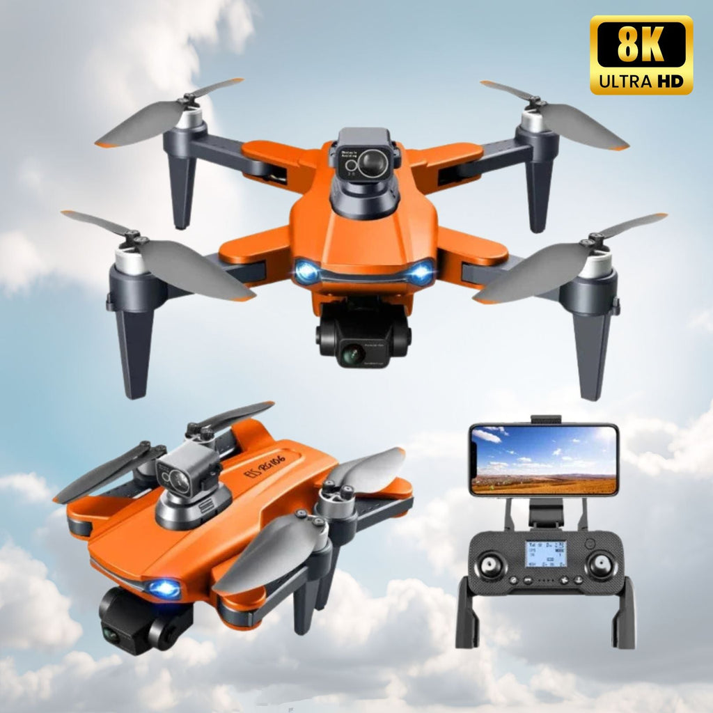 Orange drone with 8K ultra HD camera and remote control on a cloudy sky background