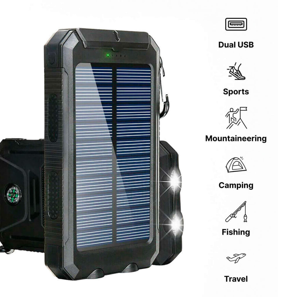 Black solar power bank with dual USB ports on a white background