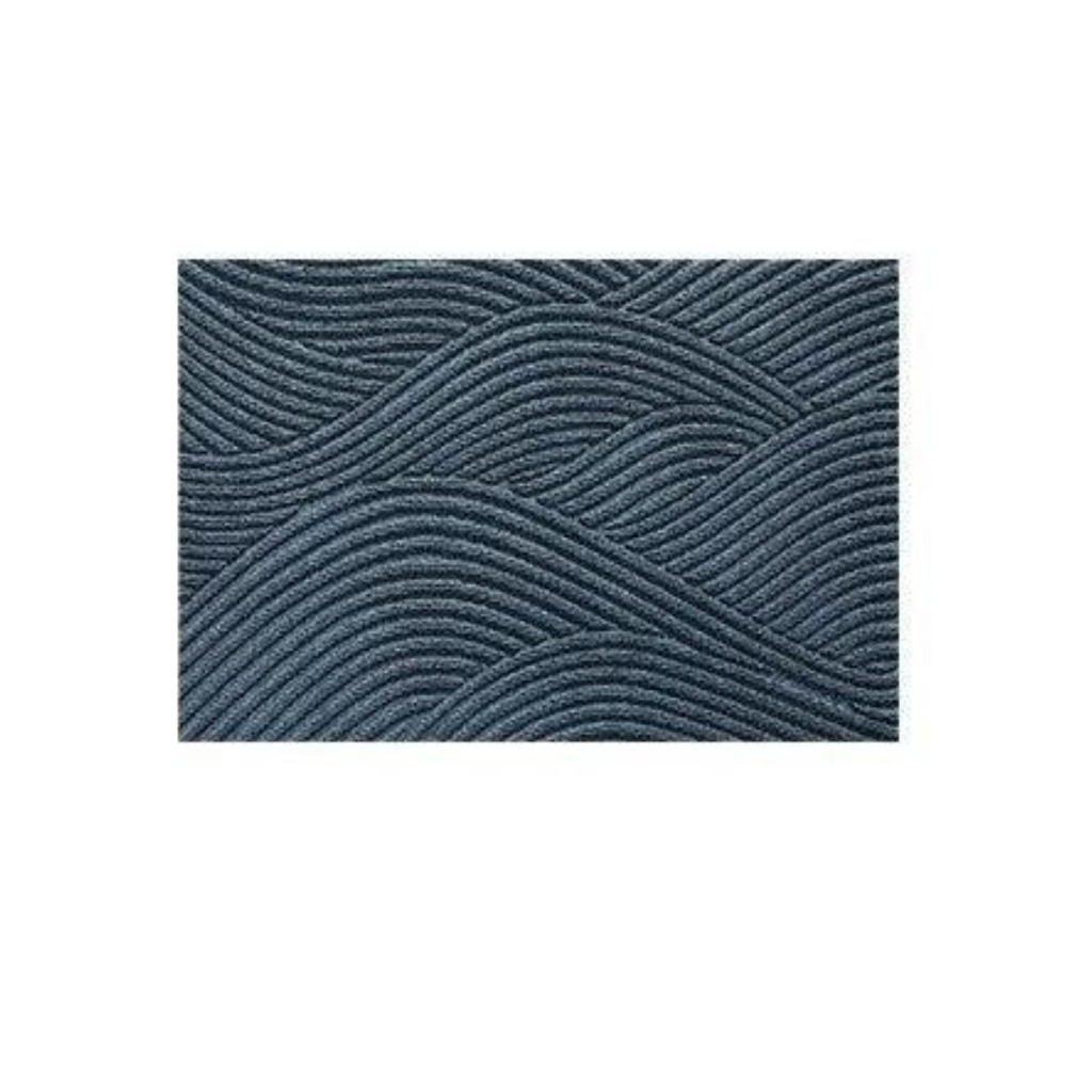 Textured blue rug with wavy pattern on a white background