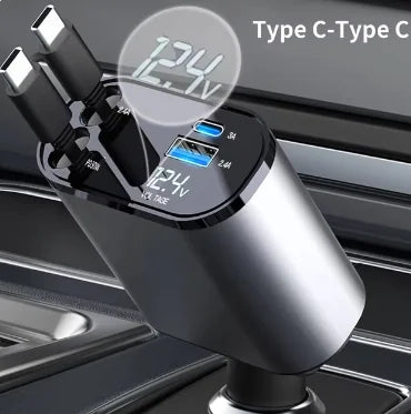 Car charger with multiple ports and digital display on a car dashboard background