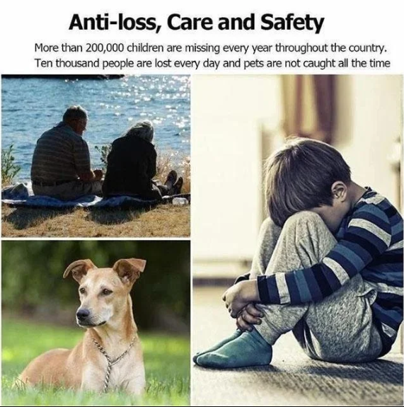 Collage of a boy sitting on grass, a dog on grass, and two people by water with text about missing children and lost pets.