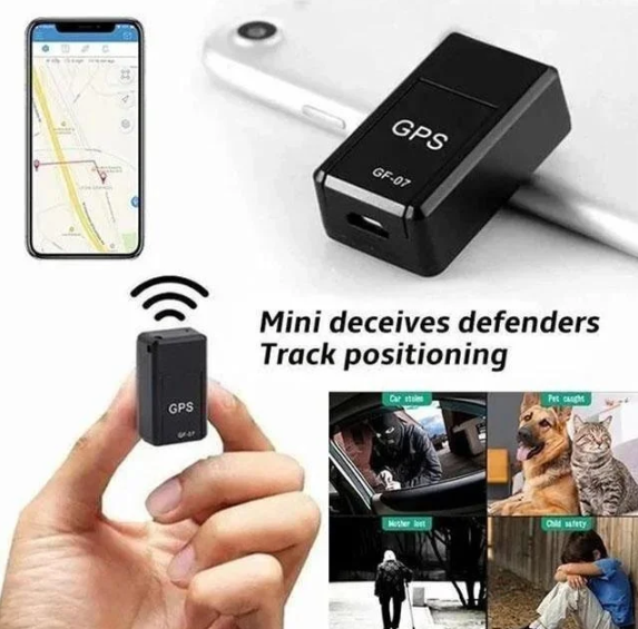 GPS tracker with smartphone app, hand holding tracker, and various usage scenarios.