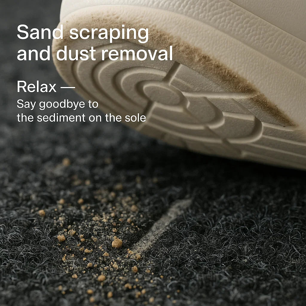 Close-up of a shoe sole scraping sand and dust off a textured surface with text overlay.