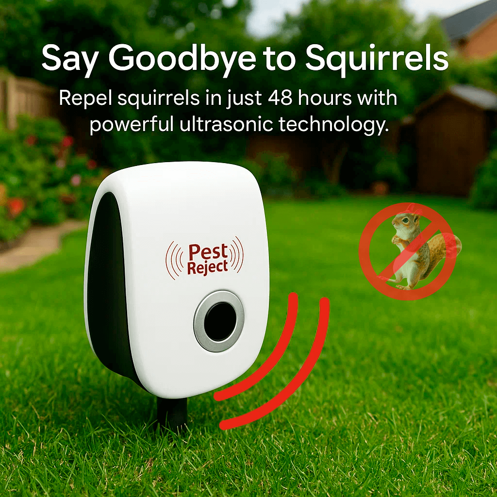 Pest Reject ultrasonic device to repel squirrels with text 'Say Goodbye to Squirrels' on a grassy background.