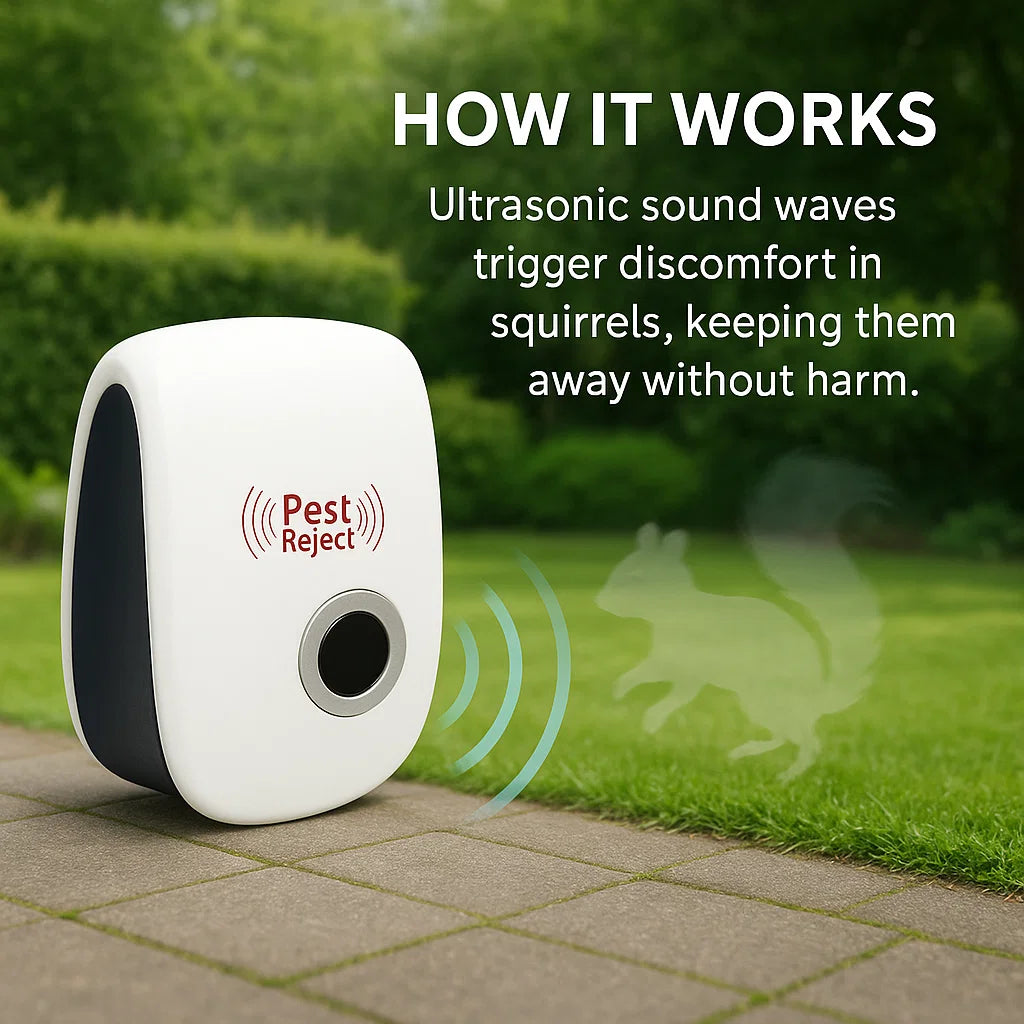 Pest control device with text explaining its mechanism on a grassy background