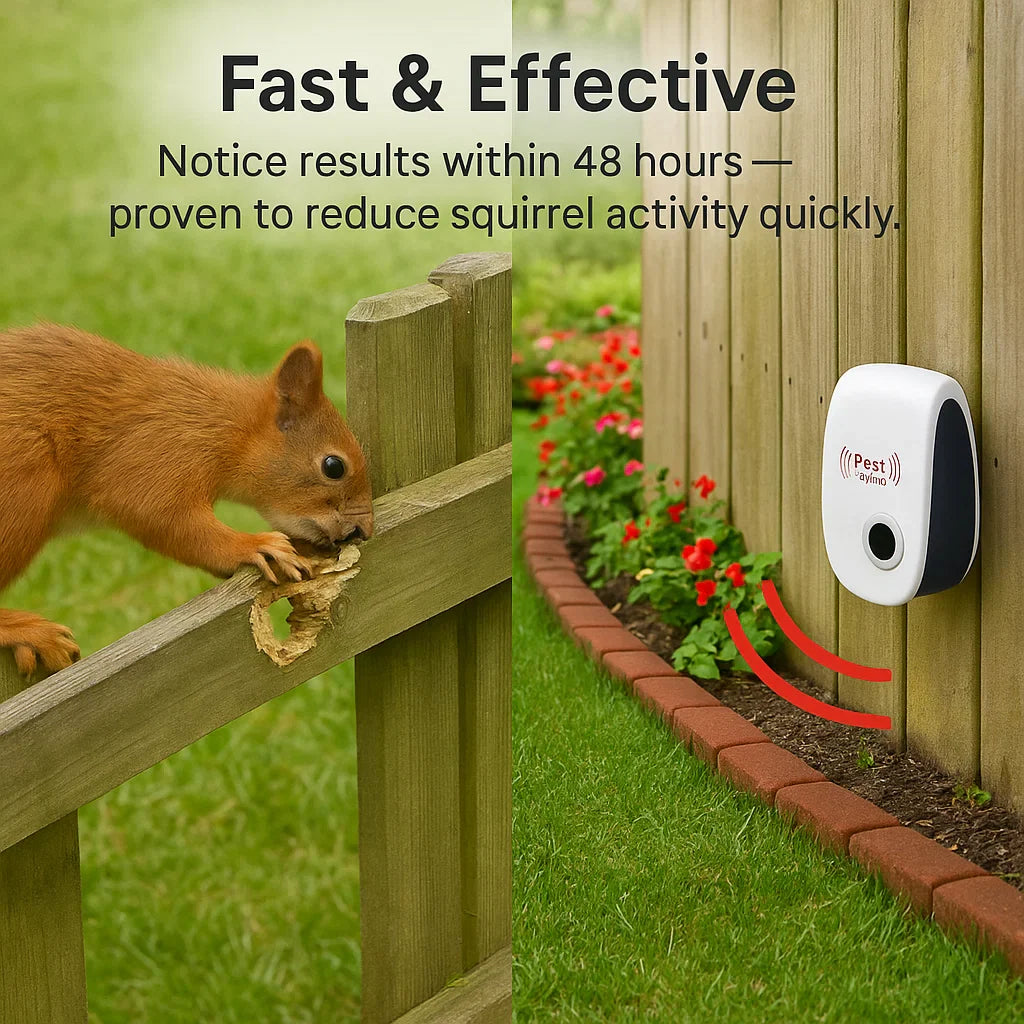 Squirrel near a pest control device on a wooden fence with text about fast and effective results.