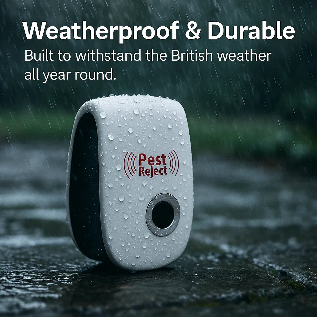 Pest Reject device on a wet surface with raindrops, text about weatherproofing, and 'Pest Reject' branding.