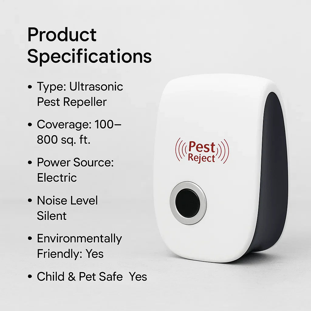 Ultrasonic pest repeller with specifications on a light gray background