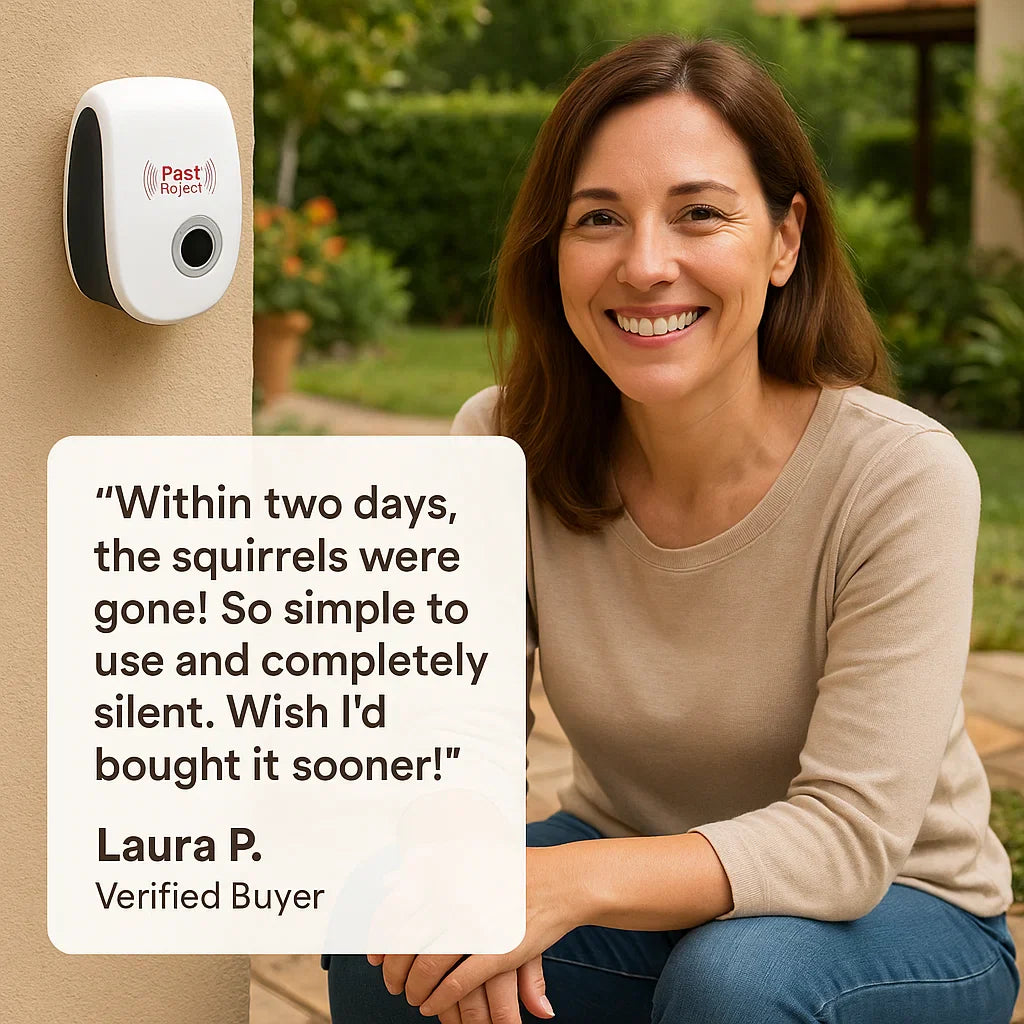Woman sitting outdoors with a pest control device on a wall, featuring a customer review.