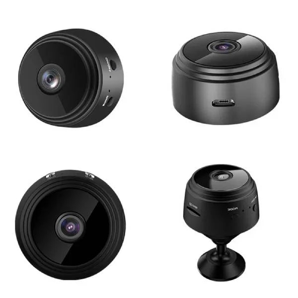 Four different views of a black security camera on a white background