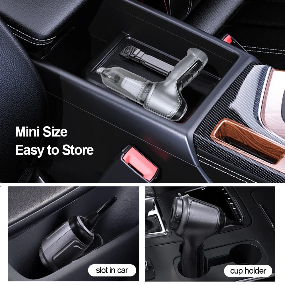Car interior with a small vacuum cleaner and text highlighting its mini size and ease of storage.
