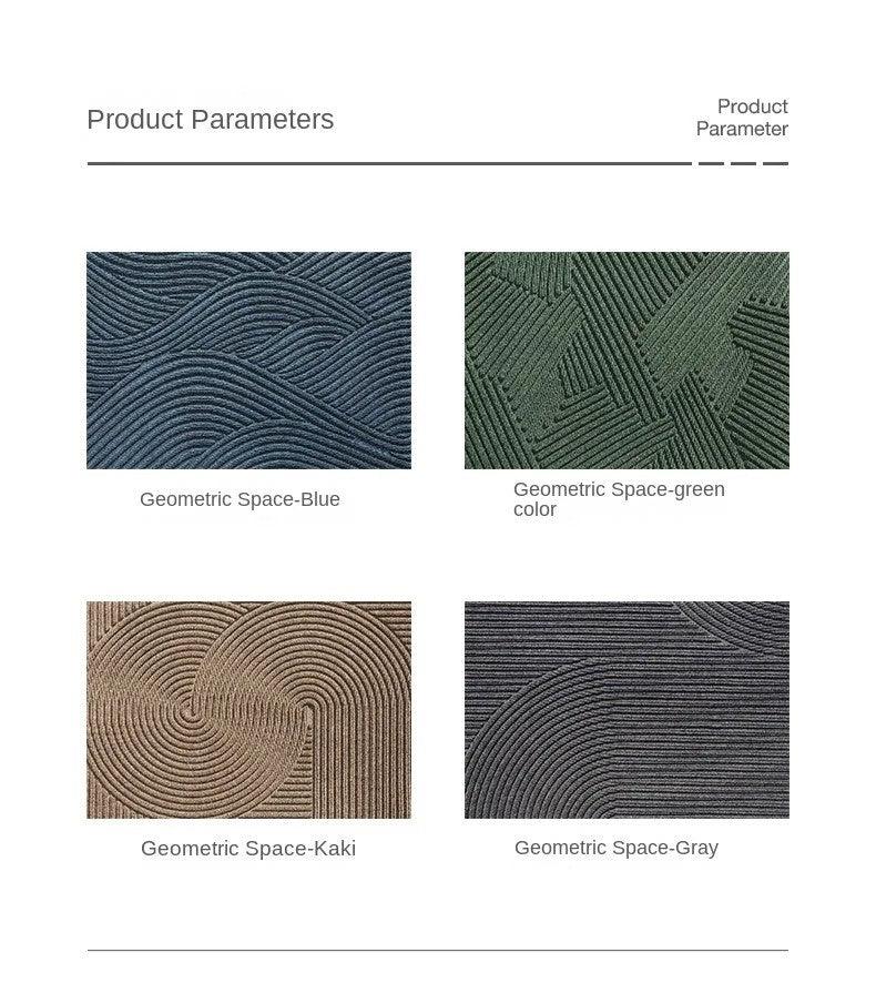 Four geometric pattern swatches labeled 'Geometric Space-Blue', 'Geometric Space-green', 'Geometric Space-Kaki', and 'Geometric Space-Gray' on a white background.