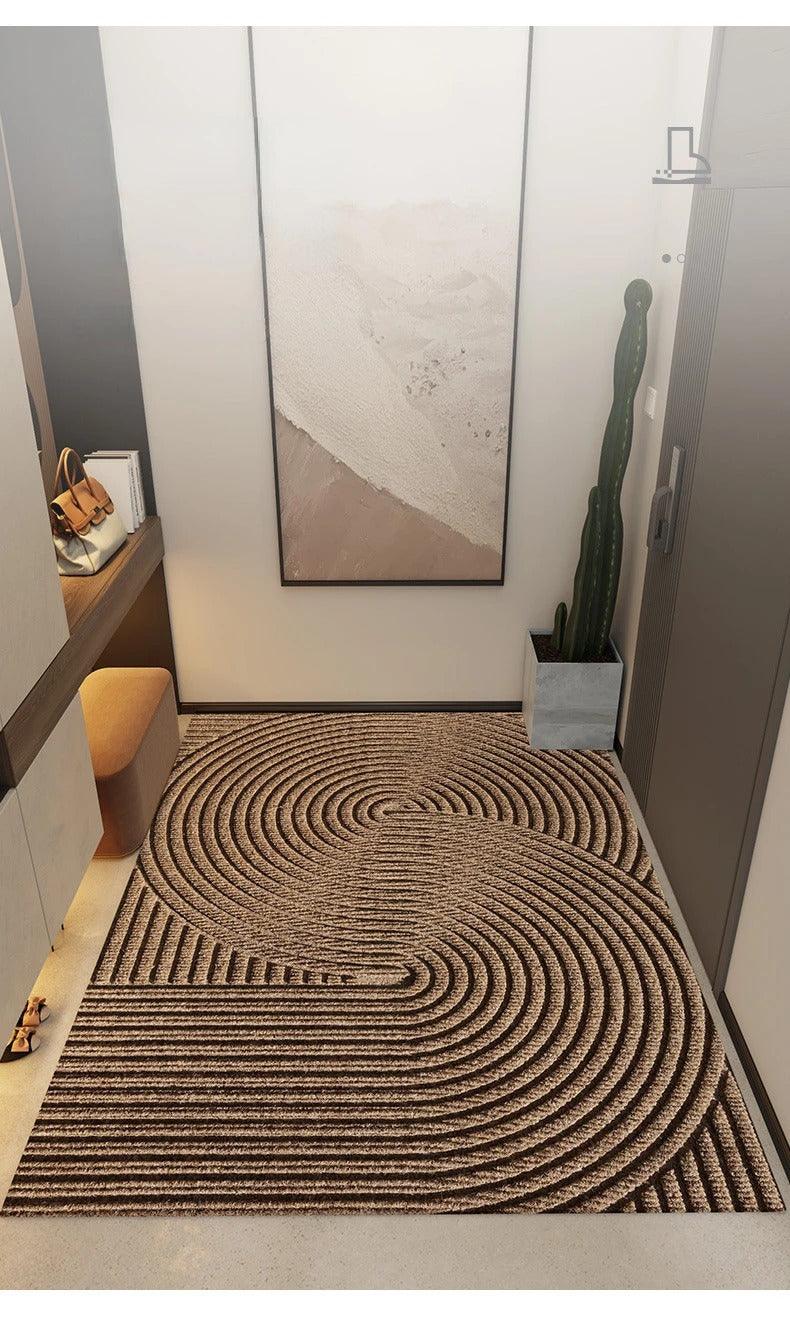 Decorative woven mat on a floor with a modern interior background
