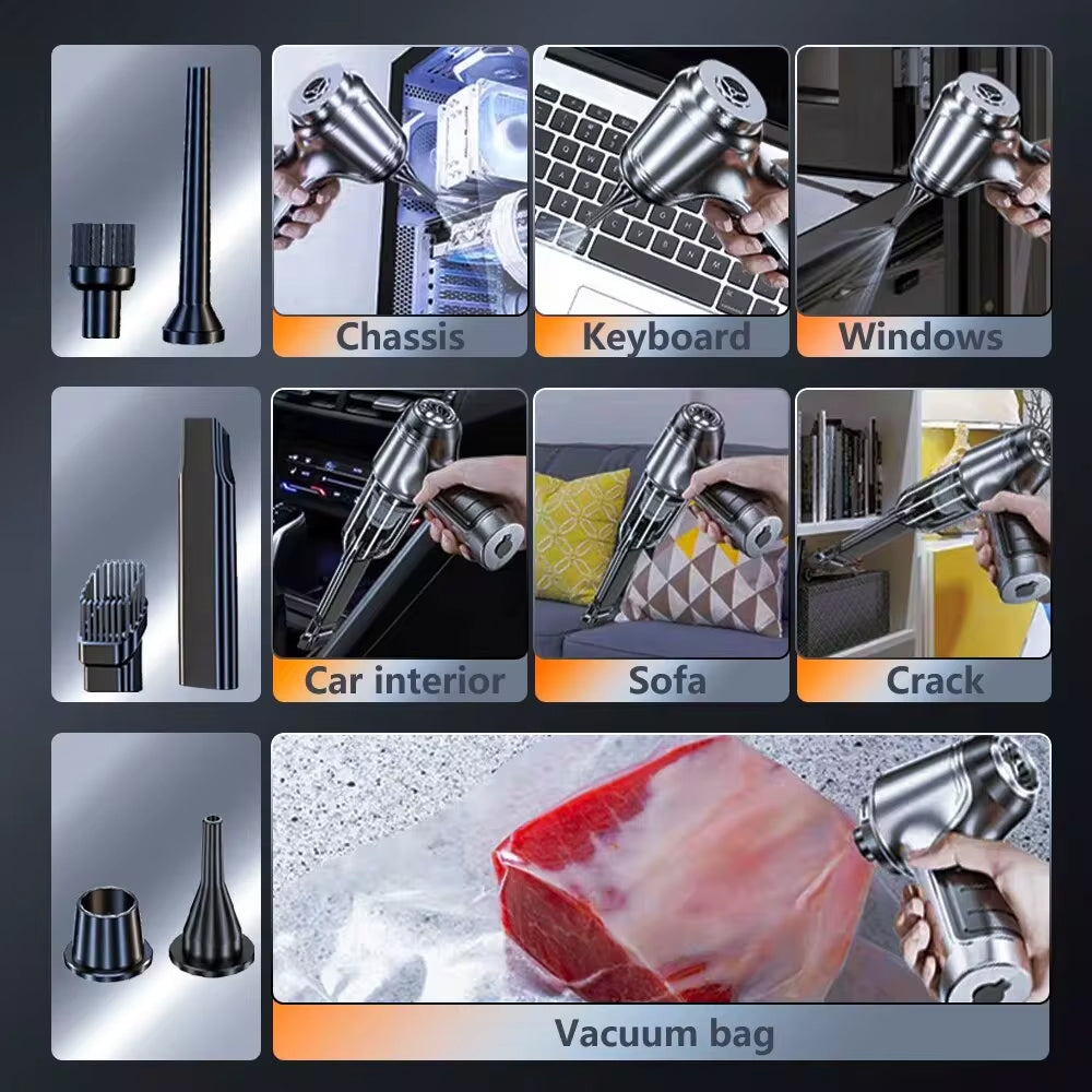 Collage of a handheld vacuum being used on various surfaces and objects with labeled uses.