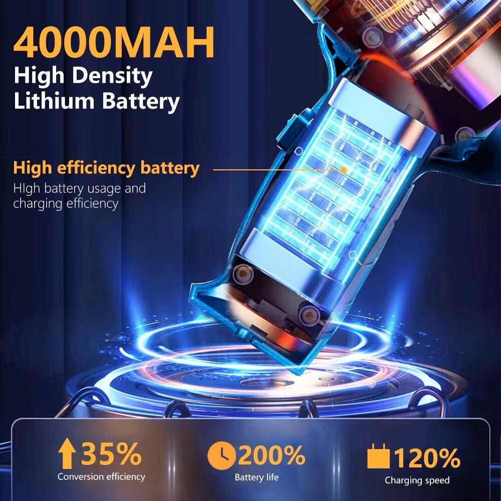 High-density lithium battery with charging efficiency details on a dark background