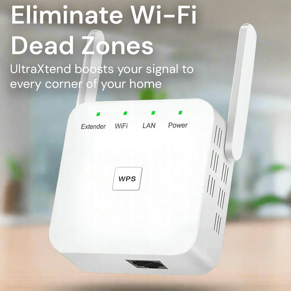 Wireless router extender with antennas on a blurred indoor background