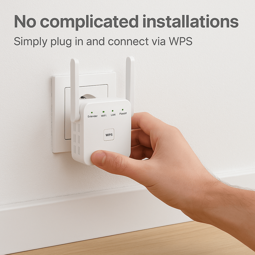 Hand plugging a Wi-Fi range extender into a wall socket with text about WPS connection.