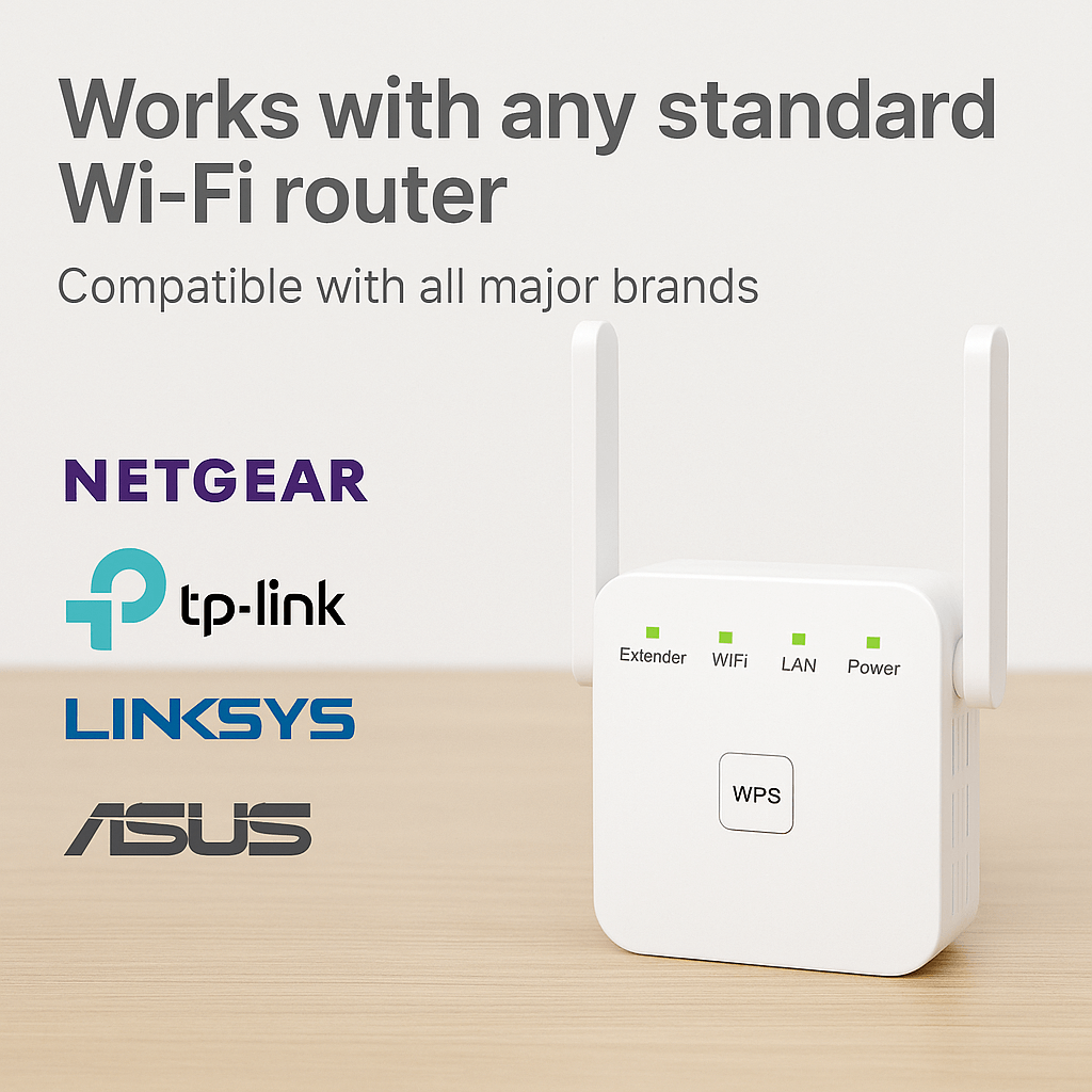 White Wi-Fi range extender with branding compatibility logos on a light background