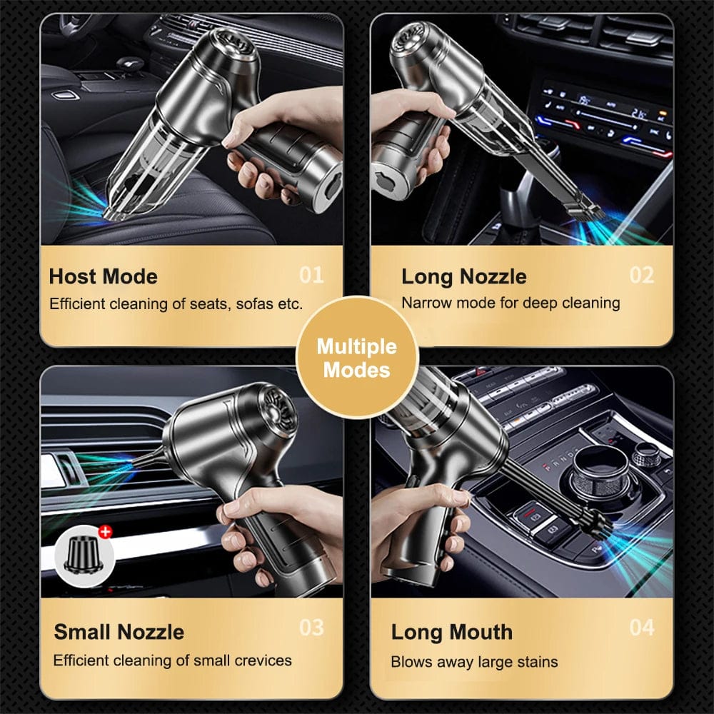 Handheld vacuum cleaner with various nozzles used in different settings.