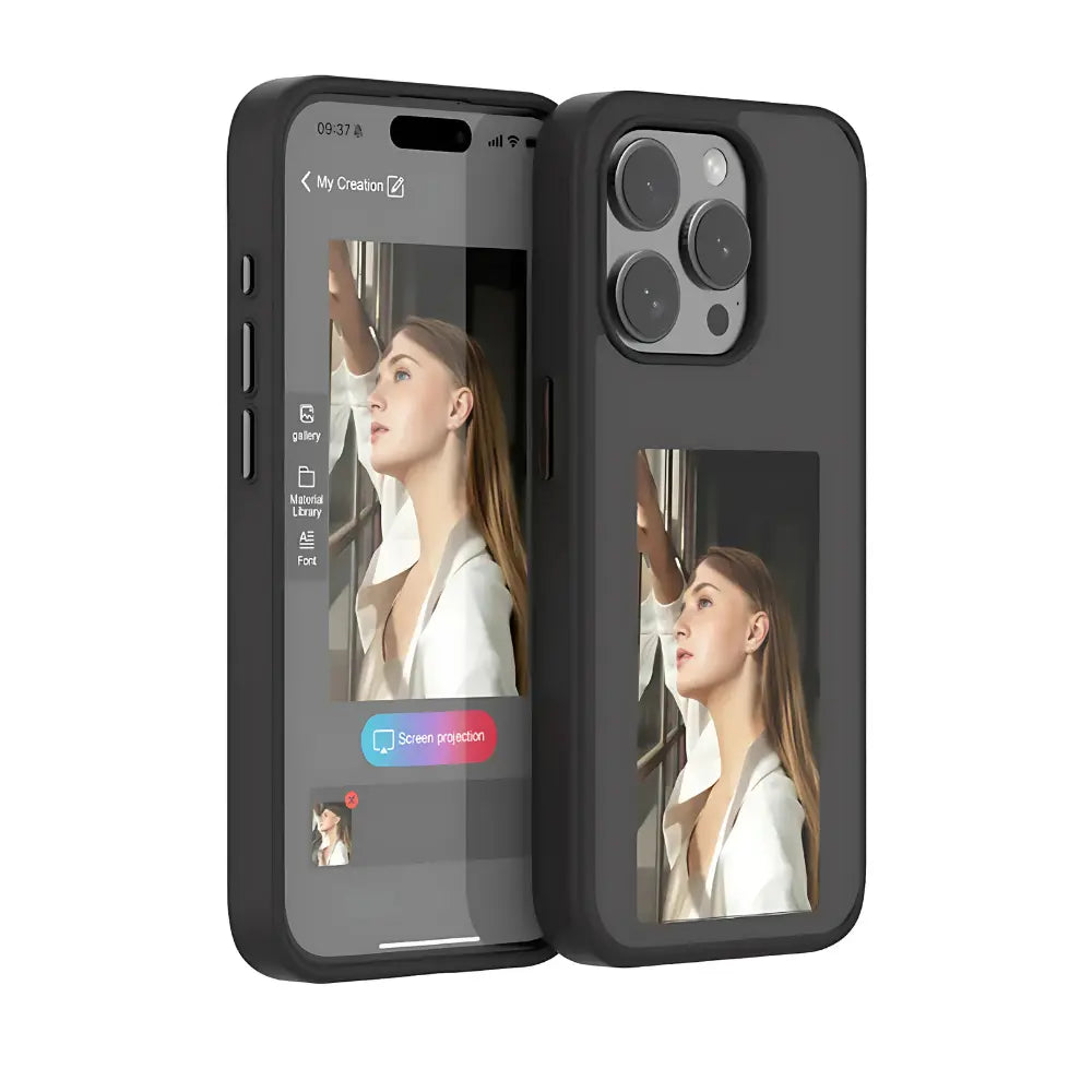 Black phone case with screen mirroring feature on a white background