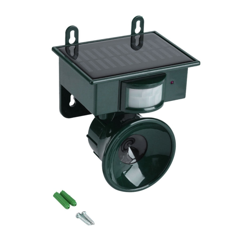 Solar-powered pest repeller with a solar panel and speaker on a white background