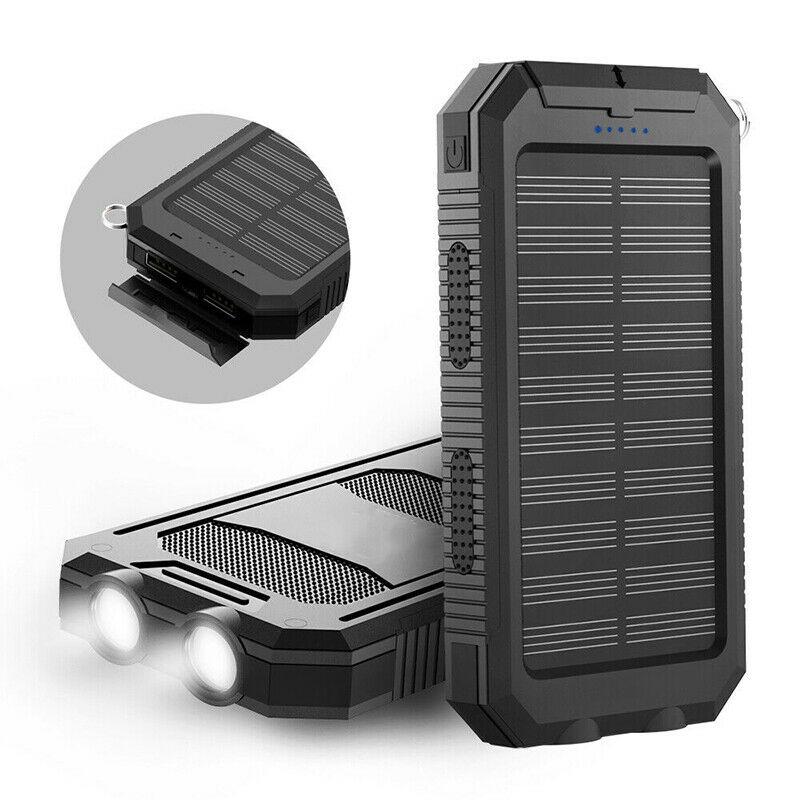 Black solar-powered portable charger with flashlight on a white background