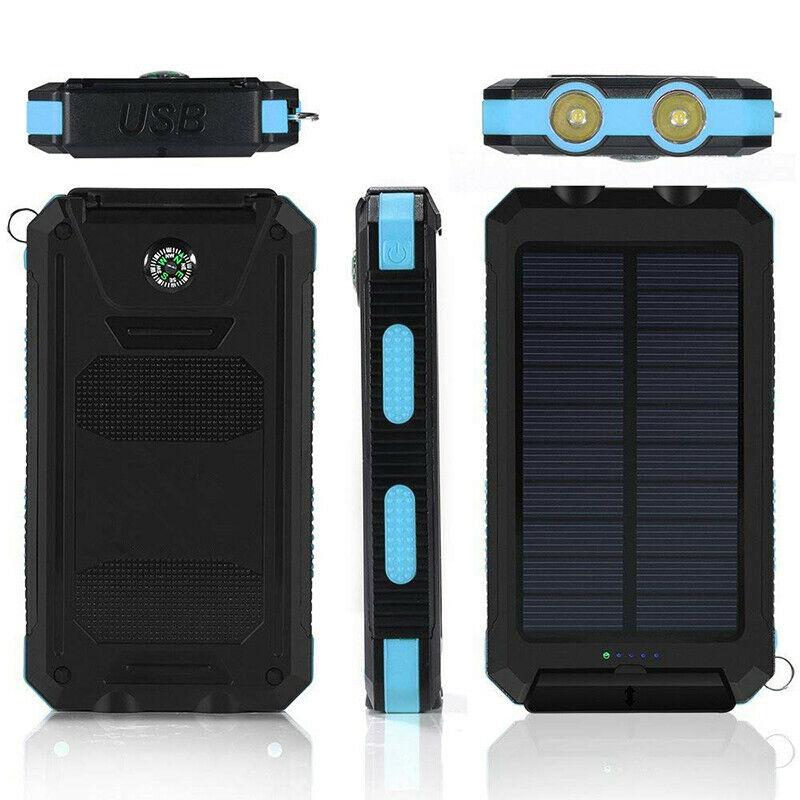 Black solar power bank with blue accents on a white background