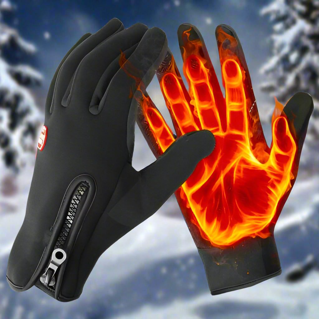 Black heated gloves with glowing hand design against a snowy background
