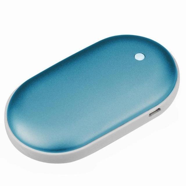 Blue oval-shaped device with a white base on a white background