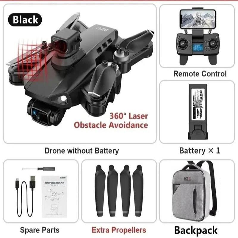 Product display of a drone with accessories including remote control, battery, backpack, spare parts, and extra propellers.